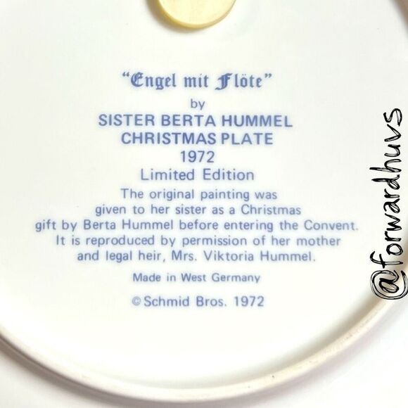 1972 Schmid “Engel mit Flöte” Christmas Plate – Berta Hummel – No Box - Picture 3 of 7